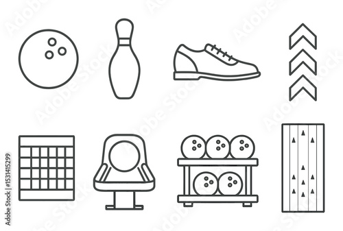 Bowling set. sport equipment silhouette pins, ball, lane, shoes, vector icons.