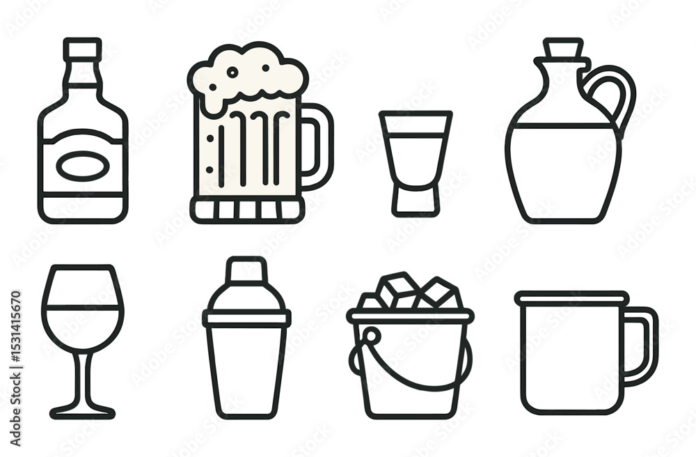 Fototapeta premium Alcoholic drink set. beverage silhouette icons: beer, wine, glass, bucket vector icons.