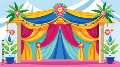 Vibrant indian wedding stage illustration decorated with festive floral and fabric accents