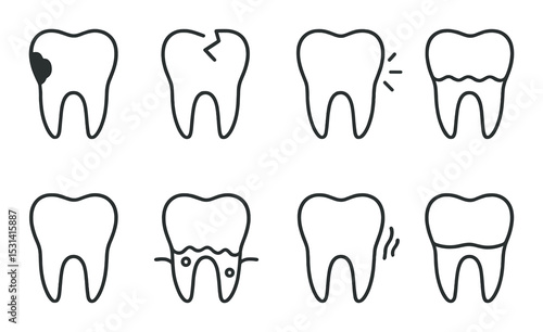 Dental problem set. toothache, cavity, broken, decay silhouette teeth vector icons.