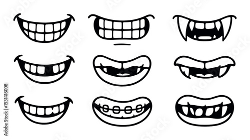 Smile and mouth set. humorous cartoon smile, teeth, grin, fangs, braces silhouette vector icons.
