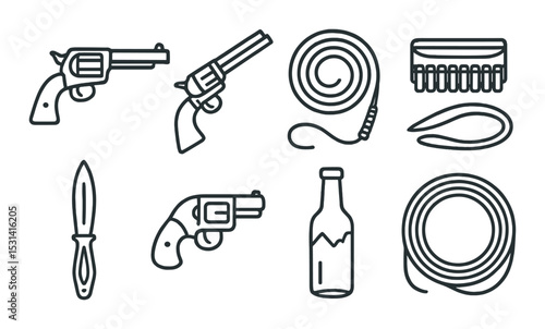 Wild west weaponry set. gunslinger silhouette pistol, revolver, lasso, knife vector icons