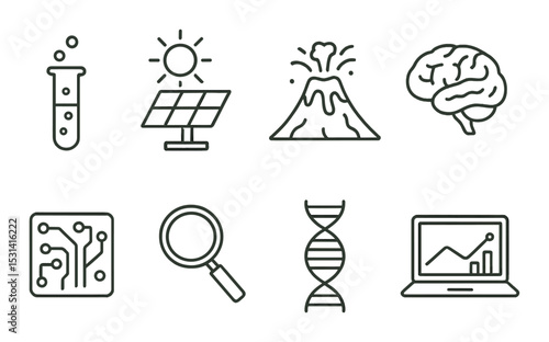 Science icon set. linear innovation symbols: test tube, solar panel, volcano, brain, vector icons