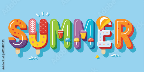 Vibrant summer typography ice cream letters with playful design and blue background