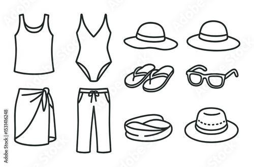 Summer beachwear set. swimwear, hat, sunglasses, sandals linear icons. clothes vector icons.