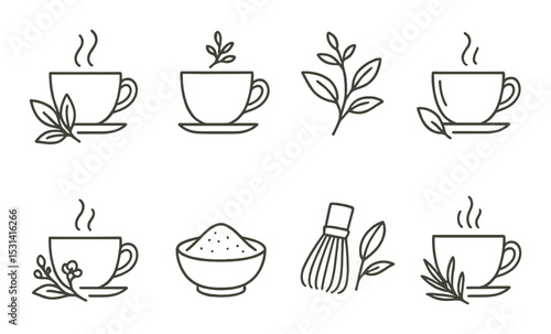Tea icon set. herbal drinks silhouette leaves, cup, bowl, whisk, steam vector icons.