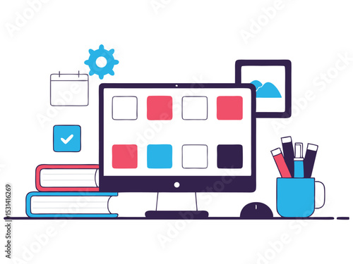 Web Design & Graphic Development Workspace Computer with Color Palettes & Creative Tools