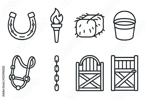 Horse equipment set. equestrian supplies flat icons. horseshoe, torch, hay, bucket vector icons.