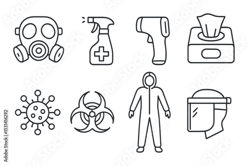 Ppe icon set. safety protection silhouette: mask, sanitizer, thermometer, tissue vector icons.