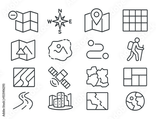 Map navigation set. location, gps, hiking, compass, trail, earth linear vector icons