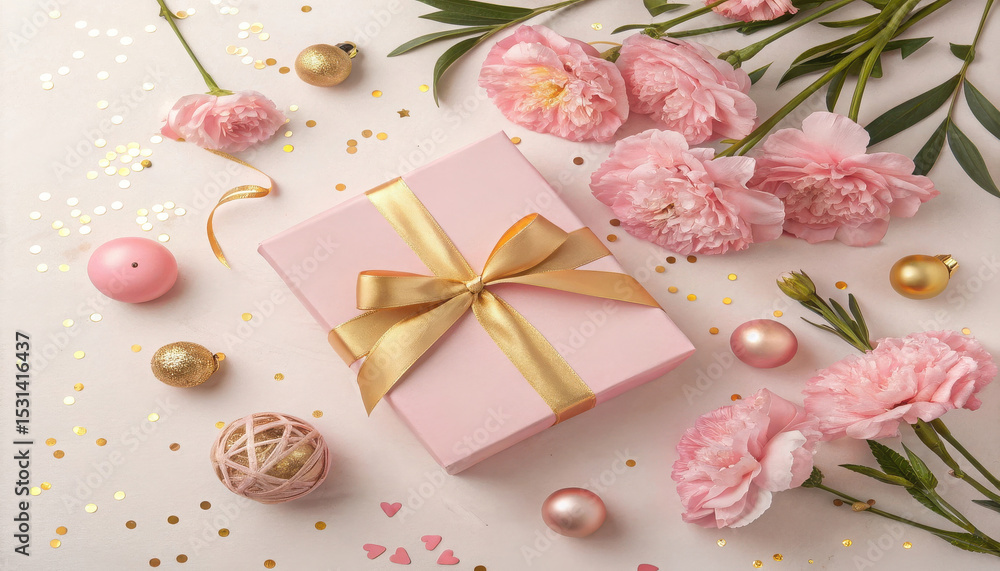 Pink Gift Box with Gold Ribbon and Flowers for a Festive Occasion Pink Gift Box with Gold Ribbon and Flowers for a Festive Occasion