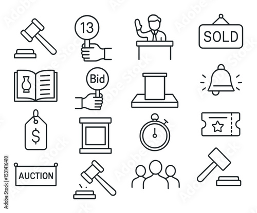 Auction set. linear auctioneer icons: gavel, bid, timer, sold, podium vector icons.