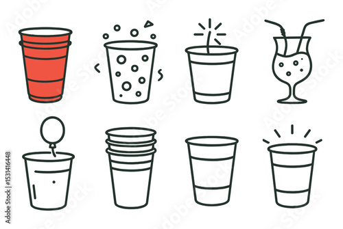 Cup and drink set. beverage containers linear style. glass, plastic, cocktail, soda vector icons.