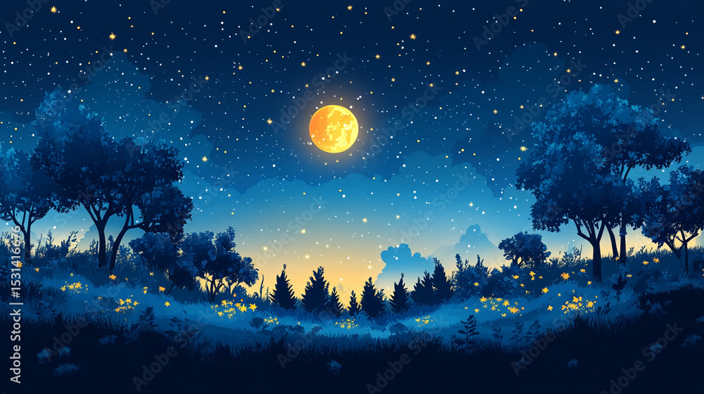 Moonlit Forest with Fireflies, Night Sky Background Moonlit Forest with Fireflies, Night Sky Background