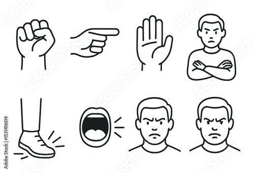 Gesture icon set. hand, pointing, stop, angry, foot, mouth silhouette vector icons.