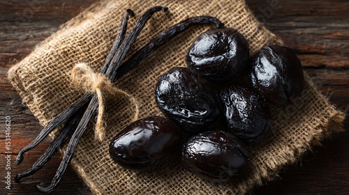 A top-down shot of chocolate prunes with vanilla pods, on rustic table with warm tones