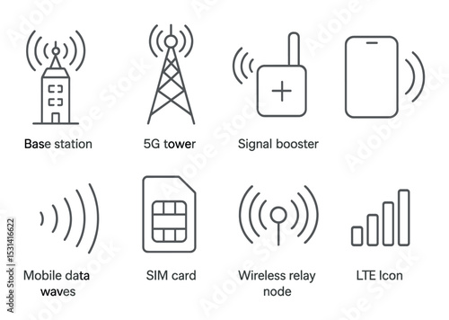 Communication tower set. signal, 5g, booster, sim, wireless data, flat vector icons.