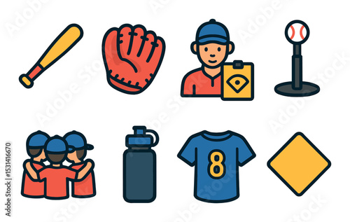 Baseball icon set. sports equipment flat style: bat, glove, player, field, jersey, vector icons