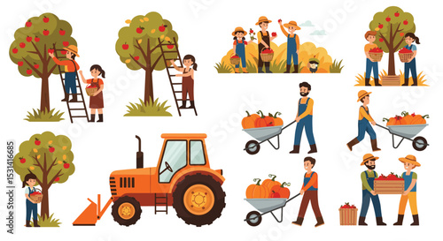 Autumn Harvest Scene Picturing Farmers Harvesting Apples Pumpkins And Using Tractor On The Farm