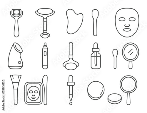 Skincare icon set. beauty, facial care, linear mask, roller, serum, mirror vector icons.