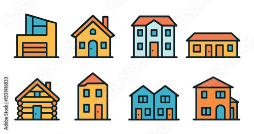 House icon set. residential architecture flat style. house, home, cabin, cottage vector icons.