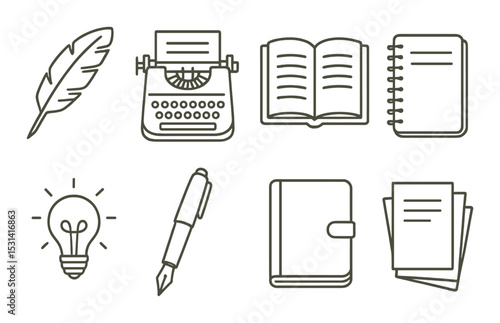 Writing tools icon set. creative equipment linear icons. pen, feather, typewriter, book, notebook vector icons.