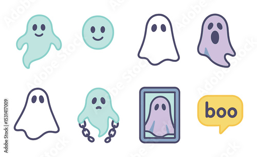 Ghoul icon set. halloween specter silhouette ghosts. boo, chain, picture, spooky vector icons.