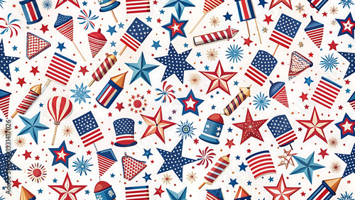 Seamless Patriotic Firecracker Pattern with Stars and Flags for Fabric