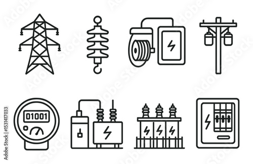 Electrical equipment set. power supply linear icons. pylon, transformer, meter, cable vector icons.