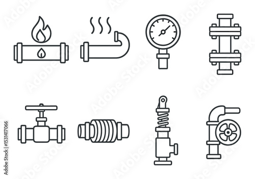 Pipework set. industrial plumbing flat icons. pipe, valve, gauge, steam, connector vector icons.