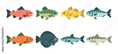 Fish set. marine life silhouette icons. fish, trout, salmon, bass, flounder vector icons.