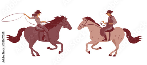 Two cowboys riders on horses. Girl with lasso and in hat and man. Wild West, western, rodeo and horse racingVector isolated illustration on white background