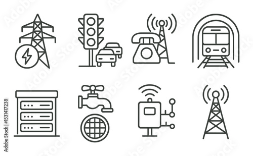 Utility infrastructure set. linear powerline, traffic, phone, tap vector icons.