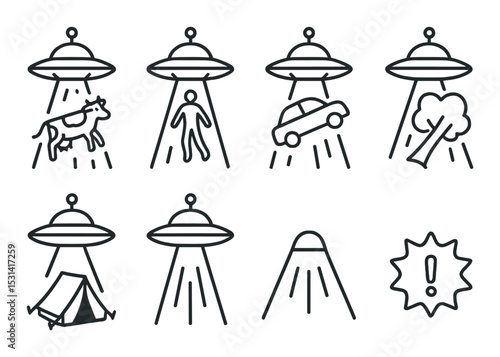Ufo abduction set. alien spaceship linear icons. cow, human, car, tree, tent vector icons.