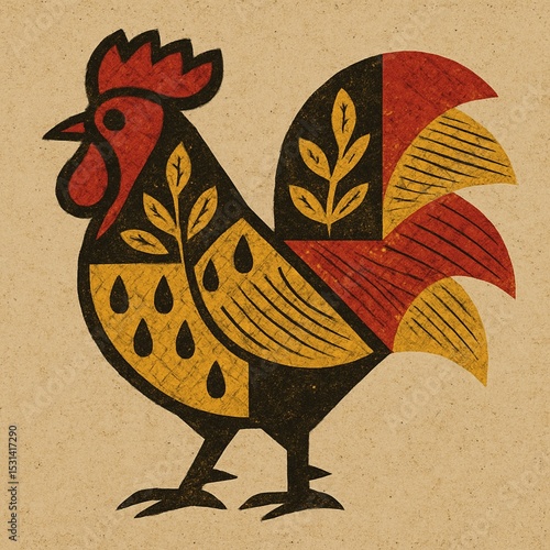 woodcut rooster on a wooden background