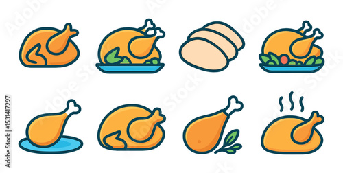 Cooked chicken set. poultry, roast, drumstick, slice, herbs flat vector icons.