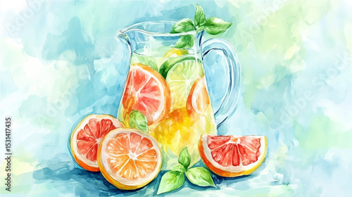 Watercolor vector illustration of lemonade in a pitcher on blue background.