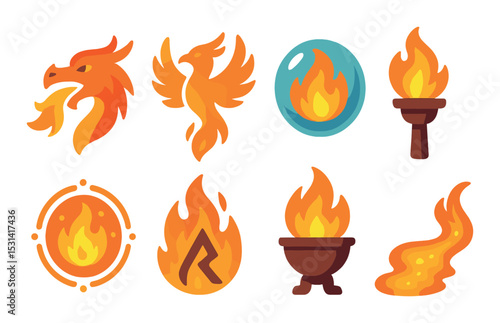 Flame icon set. fire, phoenix, torch, campfire, ember, blazing flat vector icons.