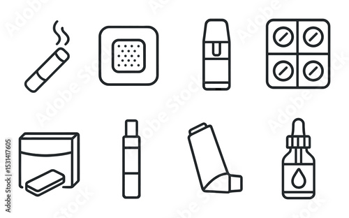 Smoking cessation set. flat nicotine patch, inhaler, tablets, gum, e-cigarette vector icons.