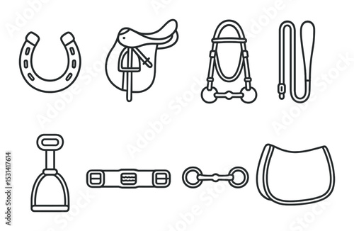 Equestrian equipment set. horse riding linear icons. saddle, bridle, stirrup, reins, bit vector icons.
