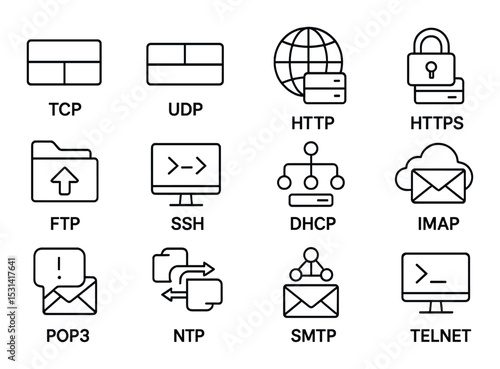 Network protocols set. internet connection linear icons. tcp, http, ftp, smtp vector icons.