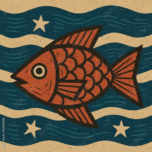 Abstract Woodcut of Swimming Fish