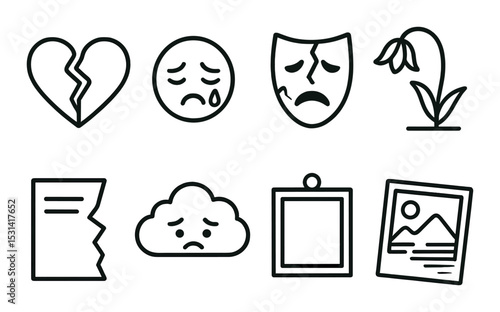 Emotion icon set. sadness, broken heart, drooping flower, linear style vector icons
