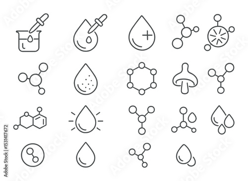 Chemistry lab set. scientific flat icons. molecule, dropper, beaker, atom vector icons.