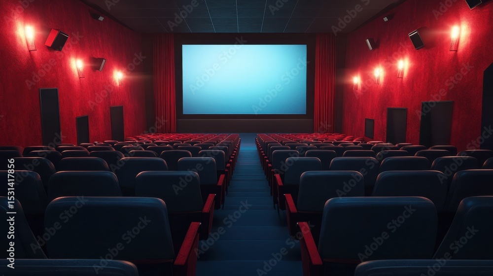 Obraz premium Empty cinema seat, movie theater, screen, lights, advertising