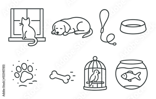 Pet care set. animal silhouette icons: cat, dog, leash, bowl, paw, bone, bird, fish vector icons.