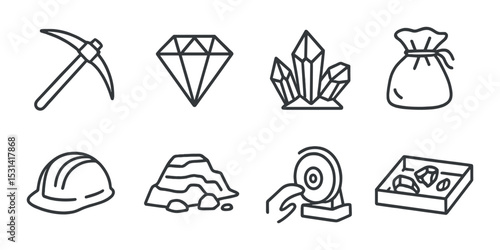 Mining icon set: linear symbols of pickaxe, diamond, helmet, gold, minerals vector icons
