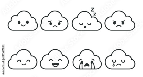 Cloud emotion set. weather mood silhouette clouds. happy, sad, sleepy, angry, crying vector icons.