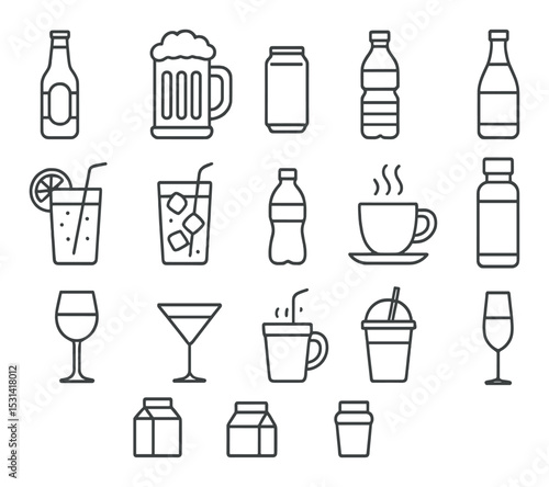Beverage icon set. drink, cup, bottle, glass, soda, coffee, linear vector icons.