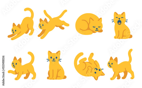 Cat pose set. cute feline silhouette positions. stretching, sleeping, playing, meowing vector icons.